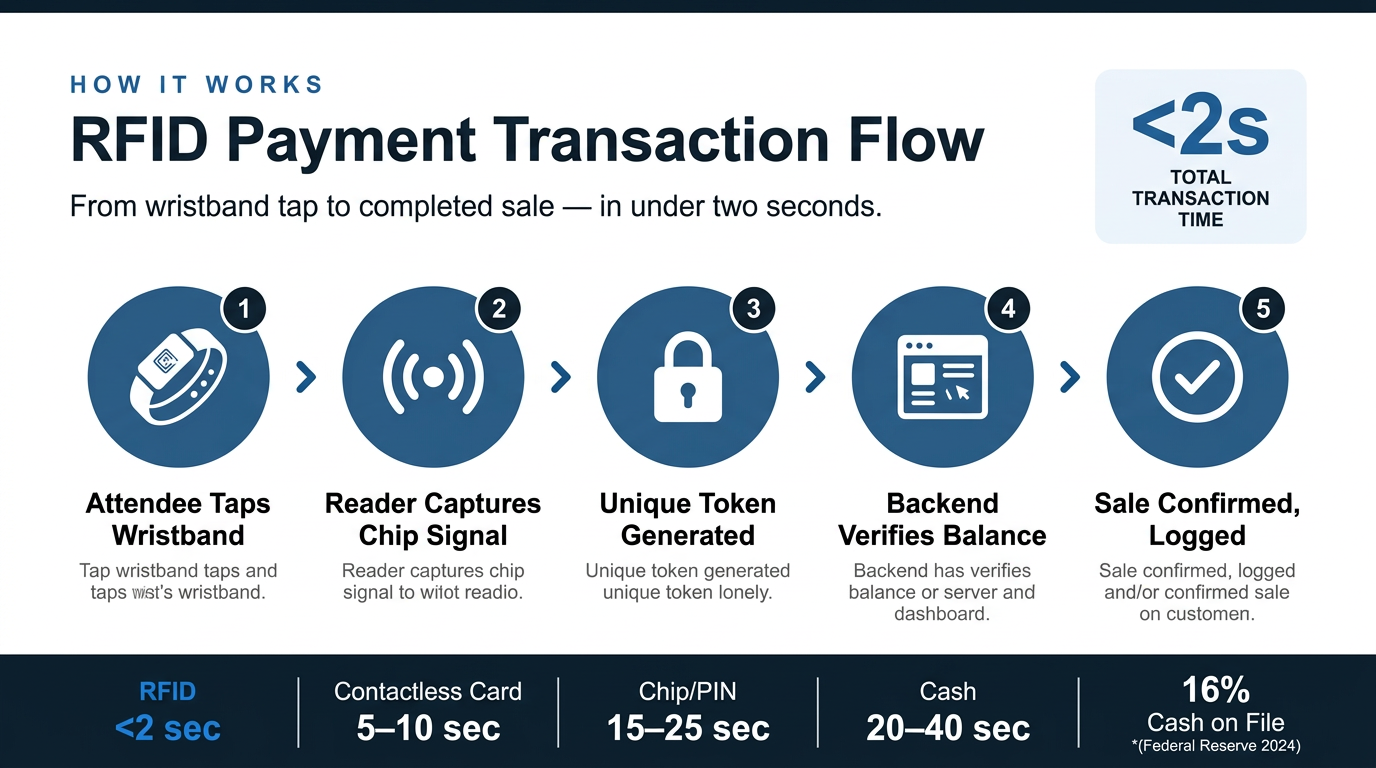 Infographic showing the 5-step RFID payment transaction flow from wristband tap to sale confirmed, with payment method speed comparison