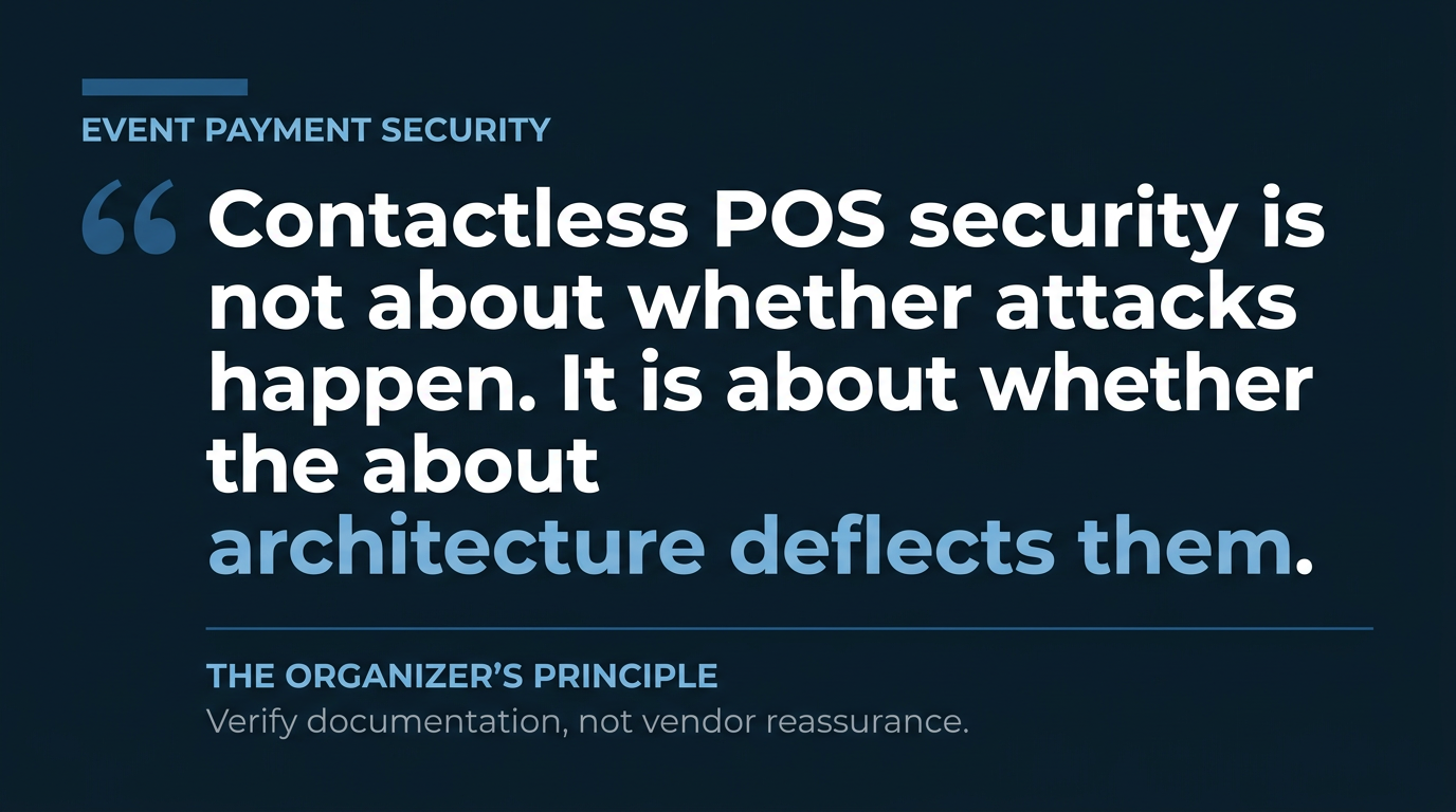 Pull quote graphic stating contactless POS security is about whether the architecture deflects attacks not whether they happen