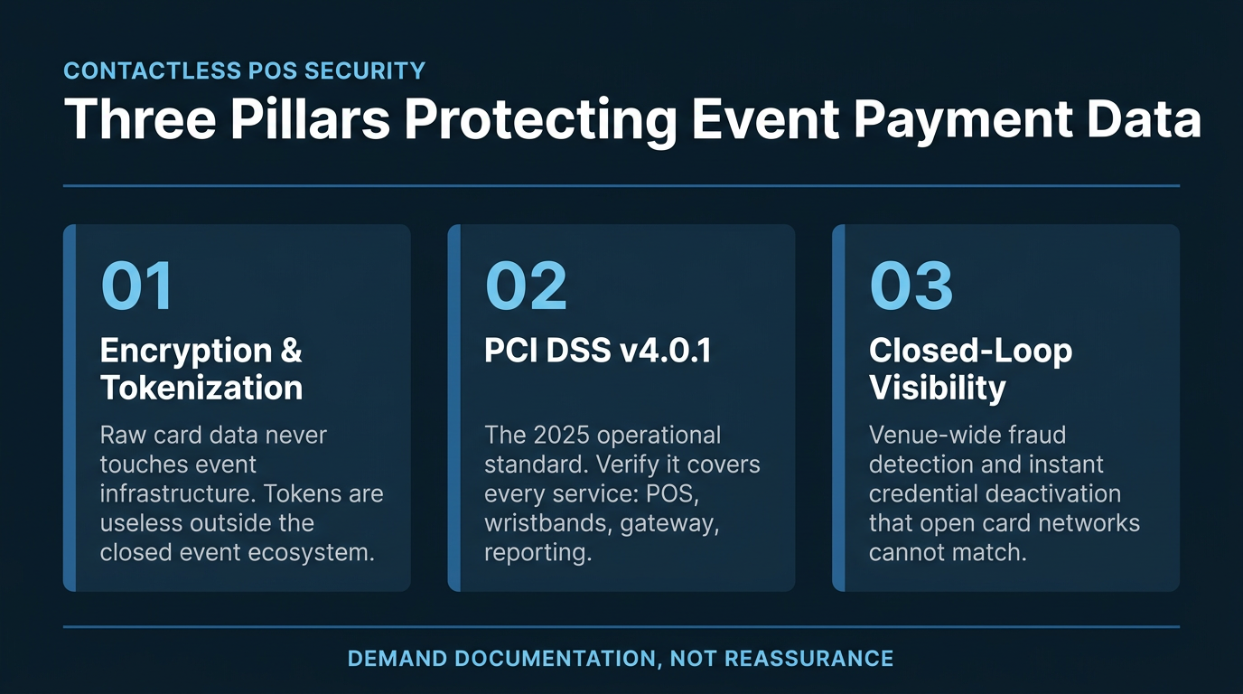 Three pillars of contactless POS security at events: encryption and tokenization, PCI DSS v4.0.1, and closed-loop visibility