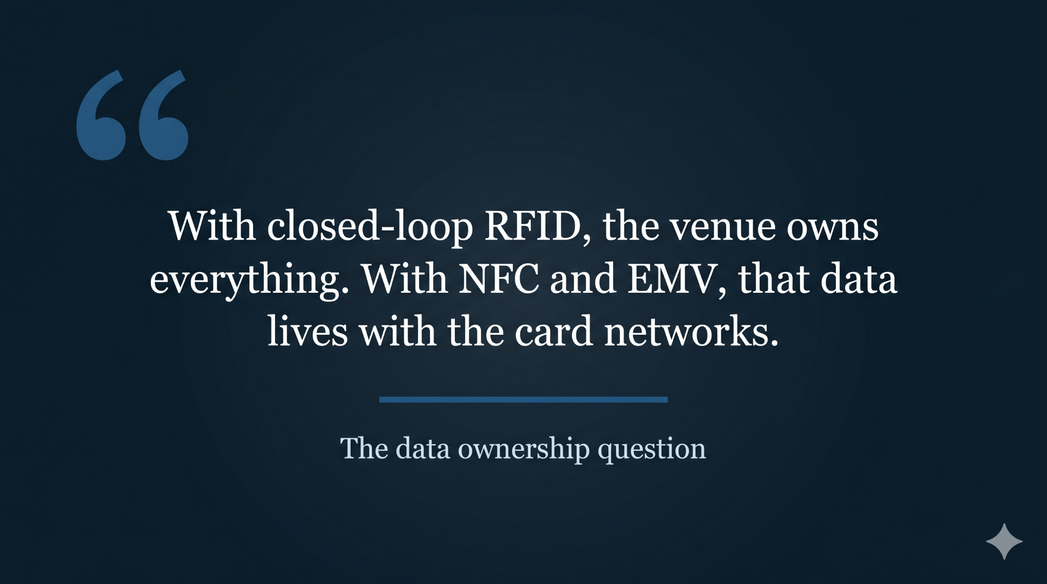 Pull quote infographic stating that closed-loop RFID gives venues full data ownership while NFC and EMV route data to card networks