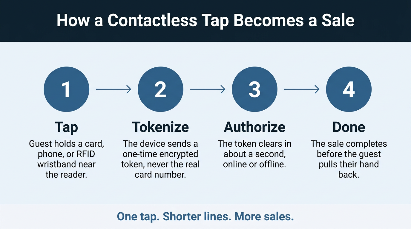Four step diagram showing how a contactless tap becomes a completed sale
