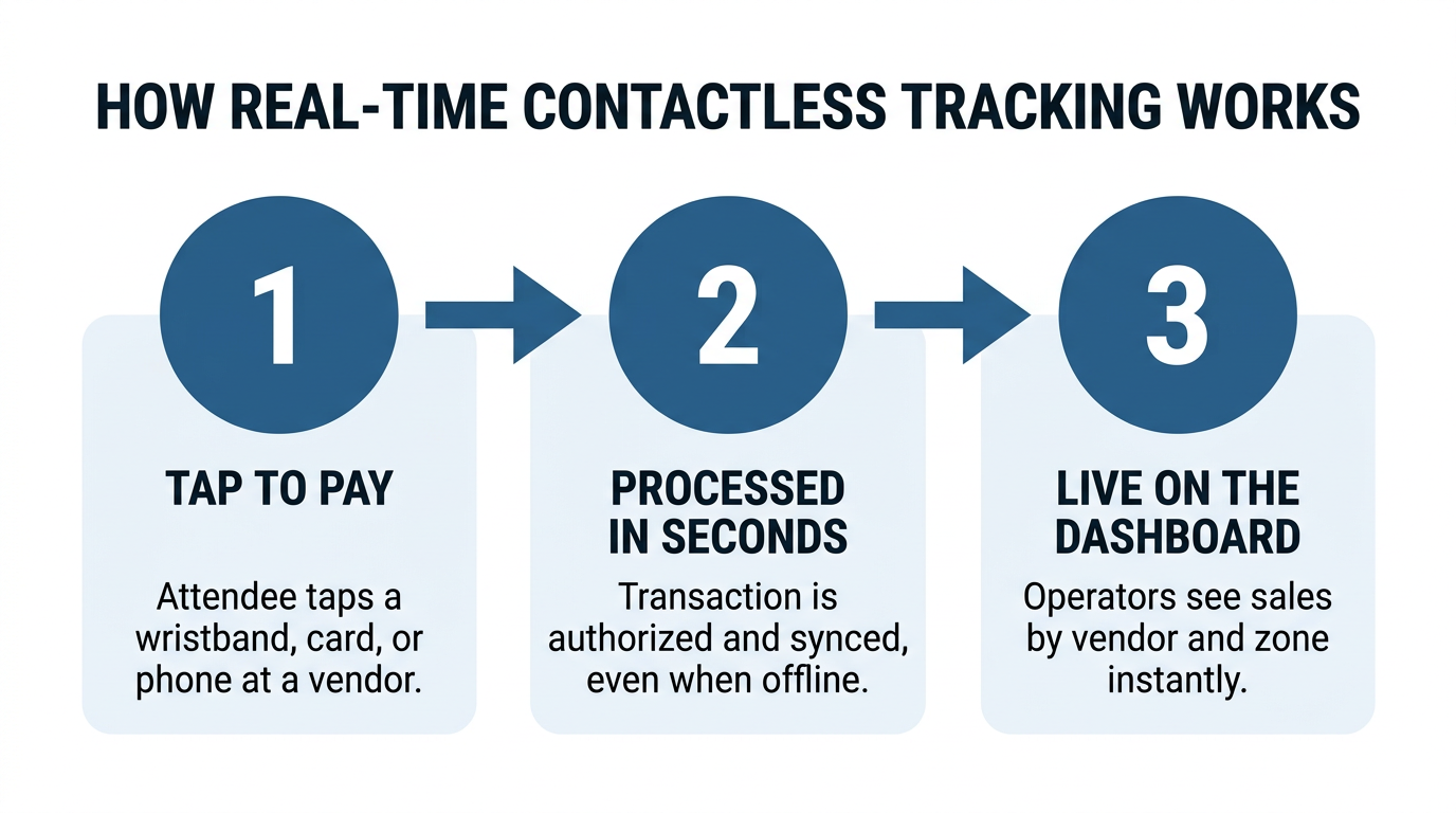 Three-step diagram showing how real-time contactless tracking works: tap to pay, processed in seconds, live on the dashboard