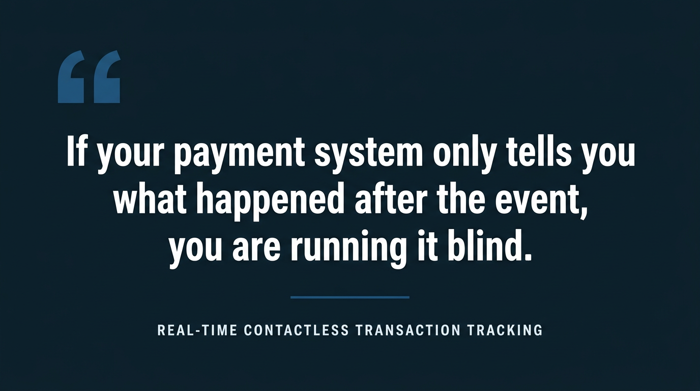 Pull quote reading that a payment system showing only what happened after the event leaves operators running it blind