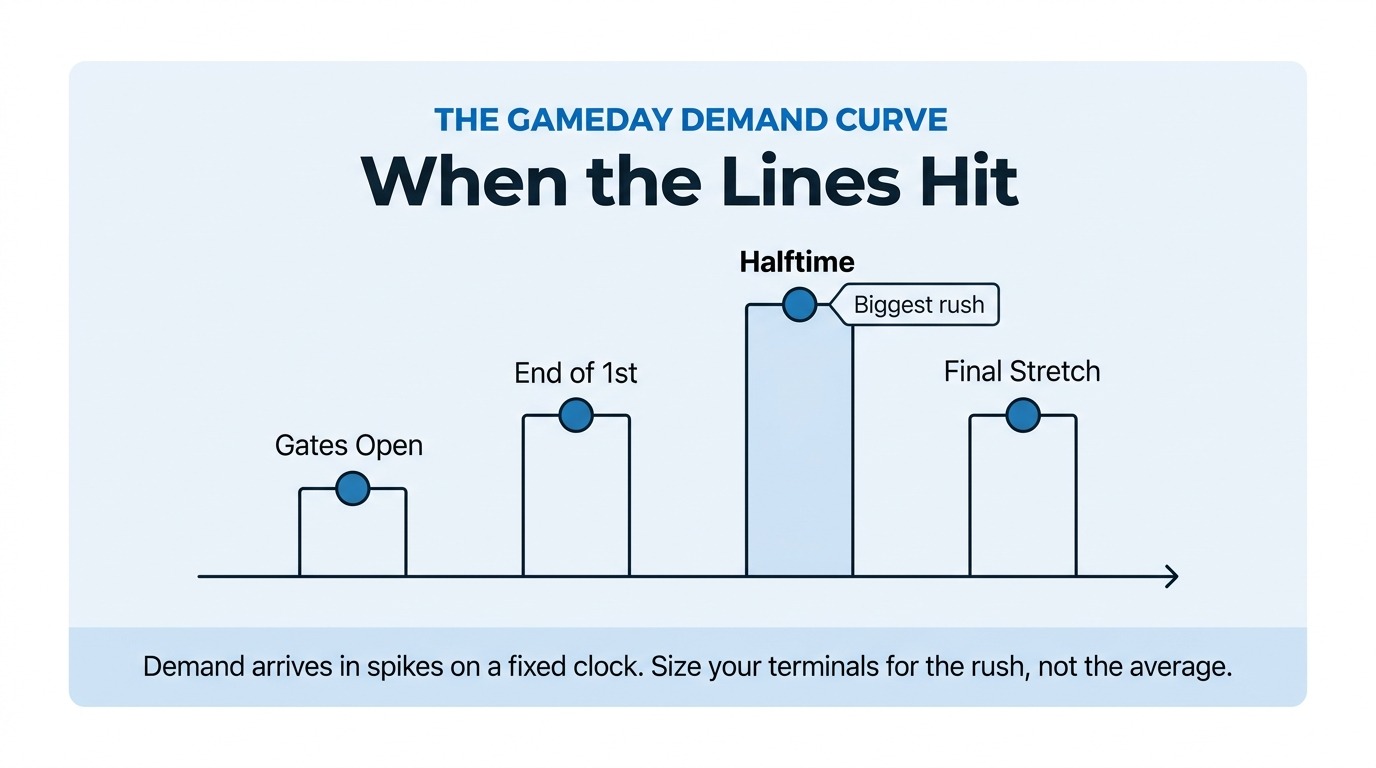 Timeline infographic showing concession demand spikes at gates open, end of first period, halftime, and final stretch, with halftime largest.