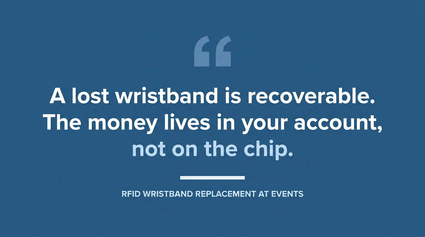 Pull quote reading that a lost wristband is recoverable because the money lives in your account, not on the chip