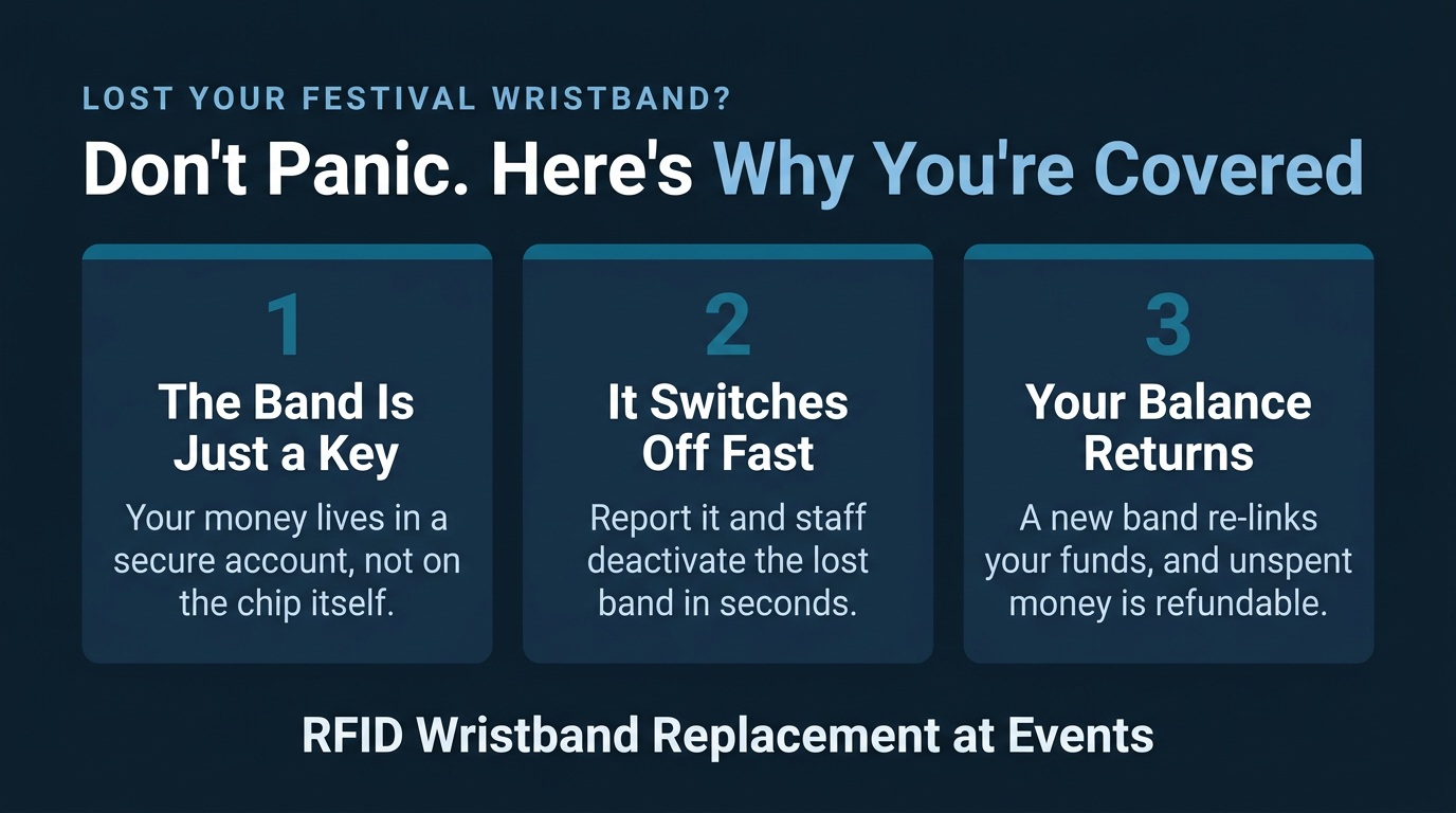 Infographic listing three reasons a lost festival wristband is recoverable: the band is just a key, it switches off fast, and the balance returns