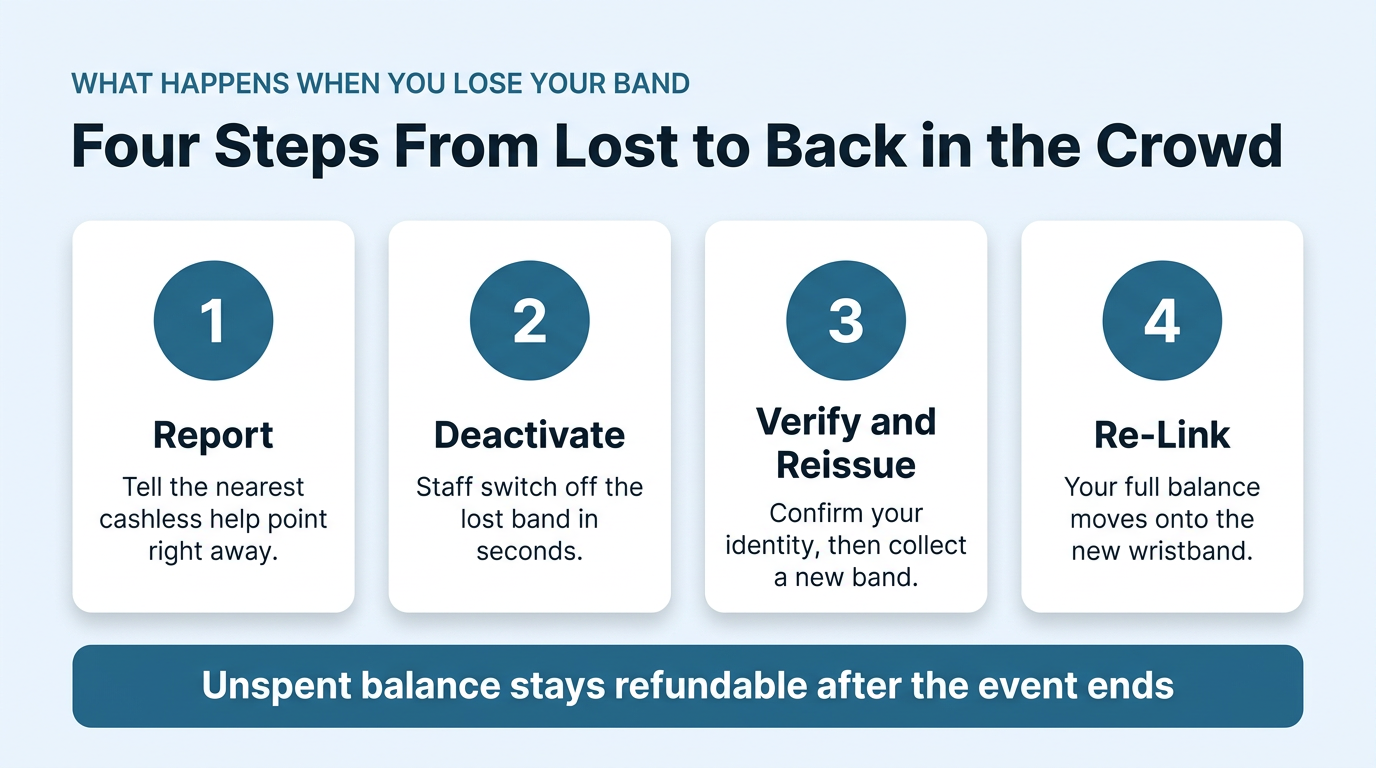 Four-step diagram showing lost band recovery: report, deactivate, verify and reissue, re-link, with a note that unspent balance stays refundable
