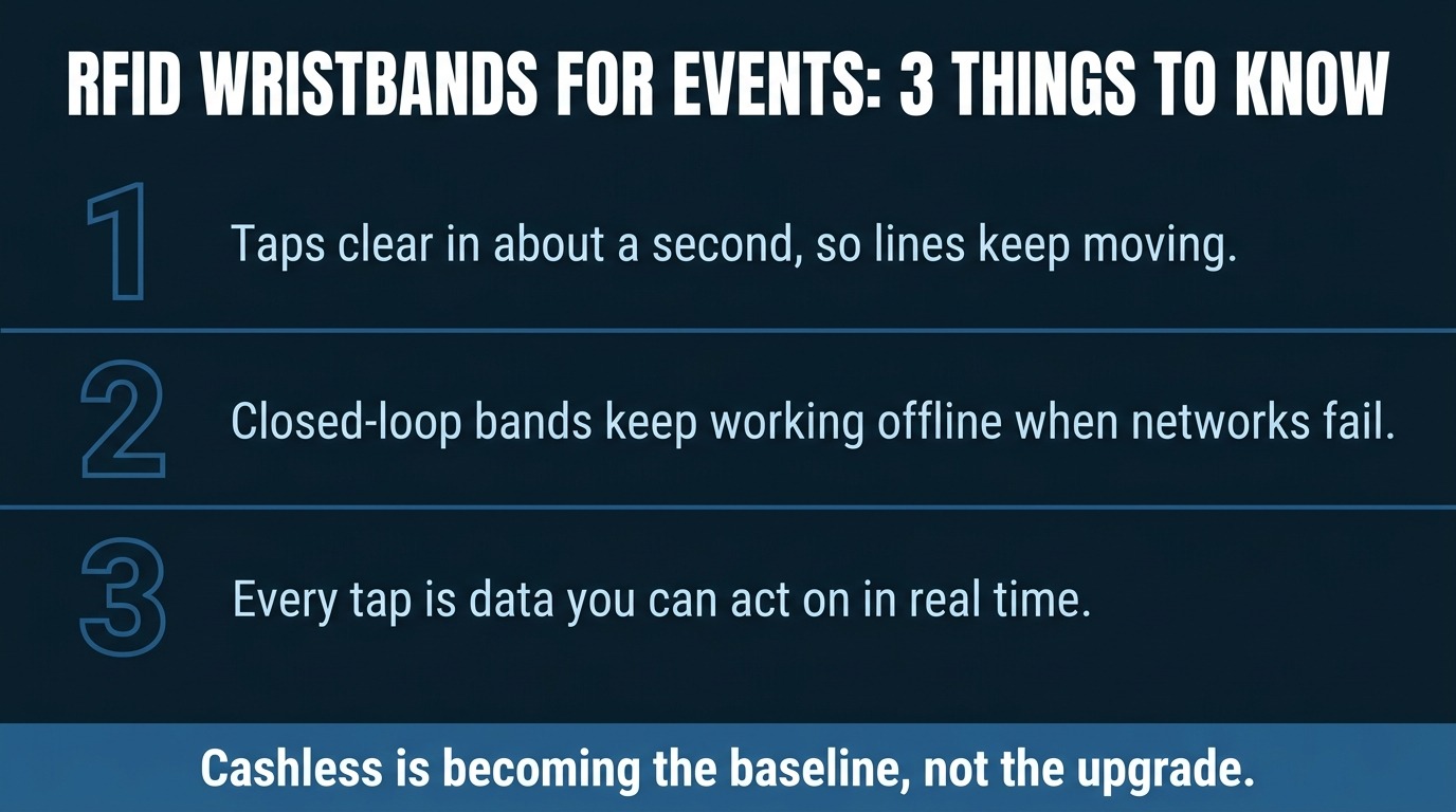 Infographic listing three key takeaways about RFID wristbands for events: speed, offline reliability, and data