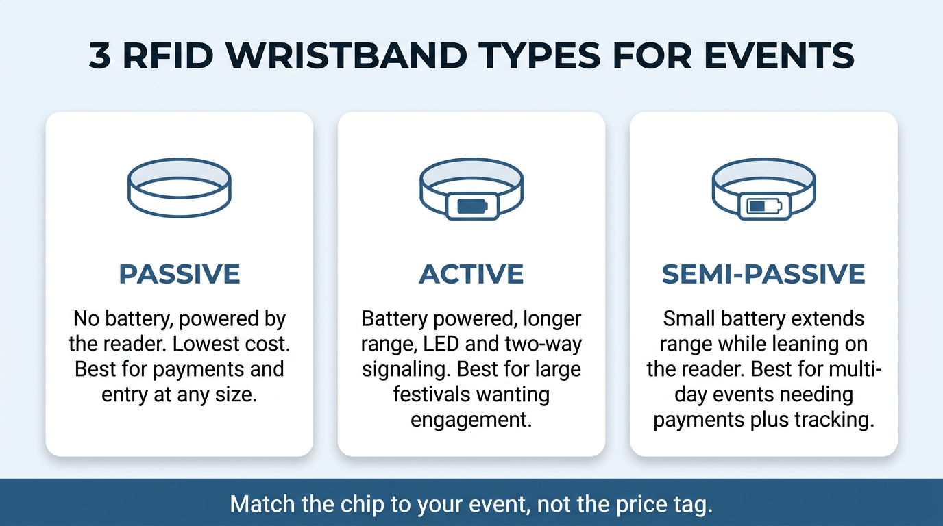 Infographic comparing passive, active, and semi-passive RFID wristband types for events