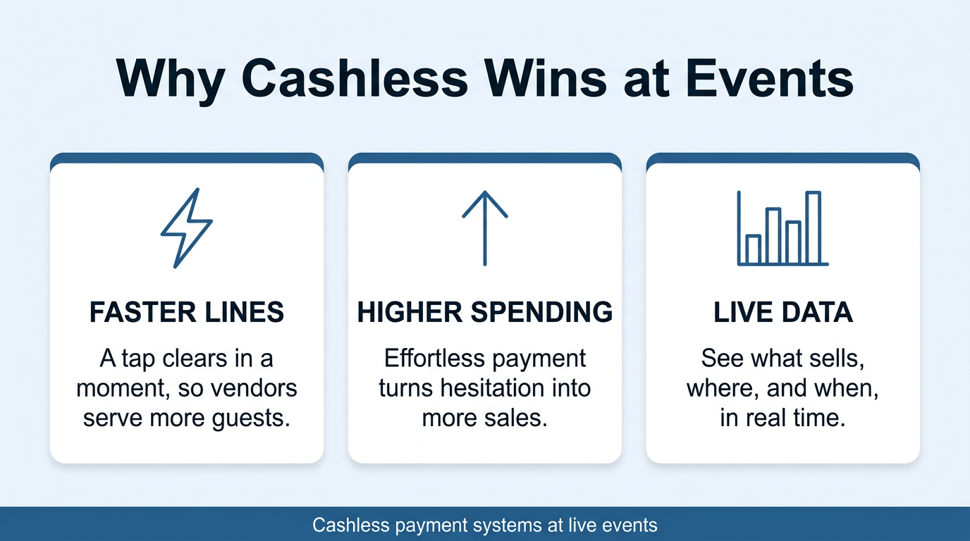 Infographic showing three reasons cashless wins at events: faster lines, higher spending, and live data