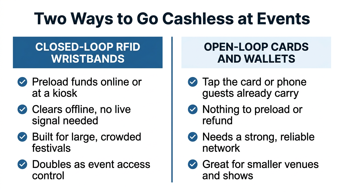 Comparison infographic of closed-loop RFID wristbands versus open-loop contactless cards and wallets for events