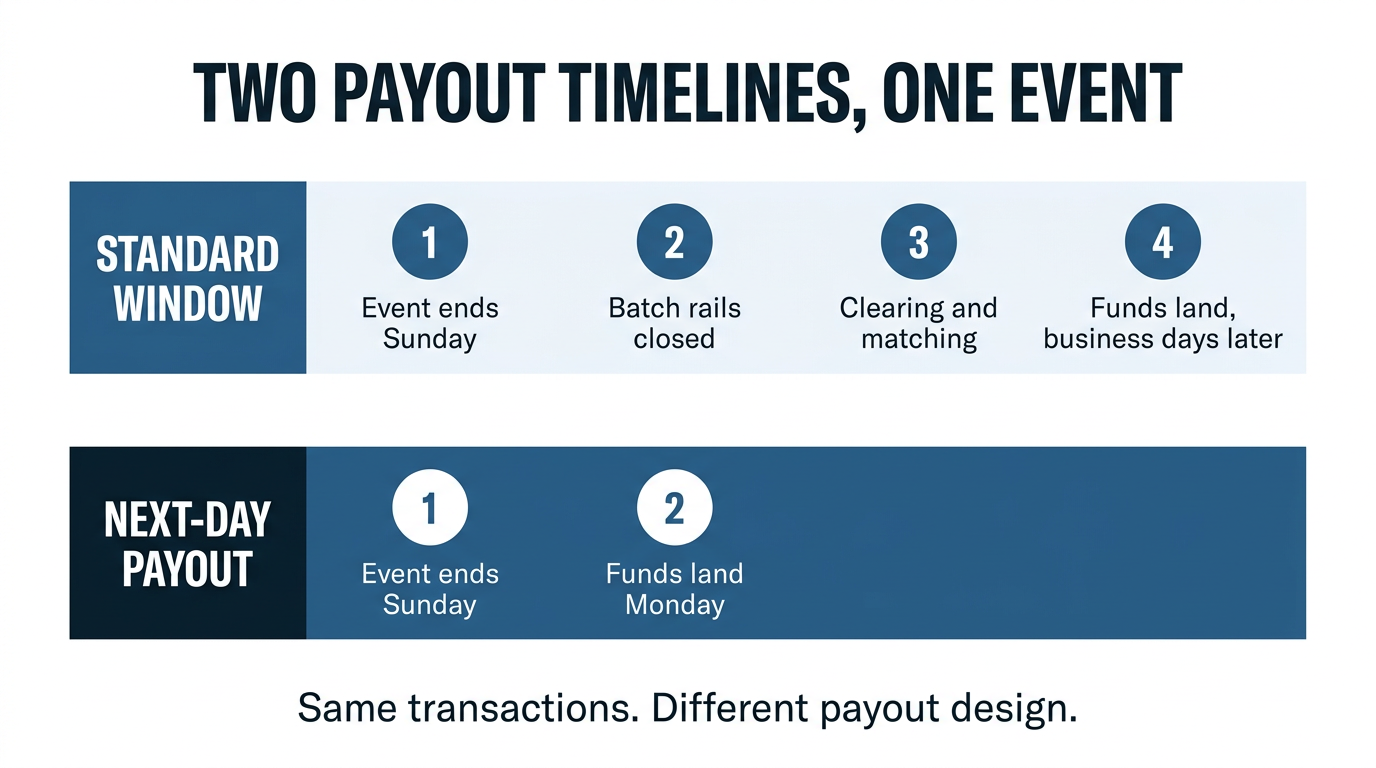 Timeline infographic comparing a standard settlement window with a next-day payout timeline after an event