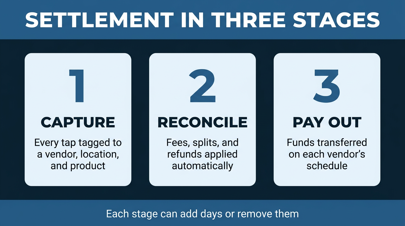 Three-stage infographic showing cashless event settlement moving from capture to reconciliation to vendor payout
