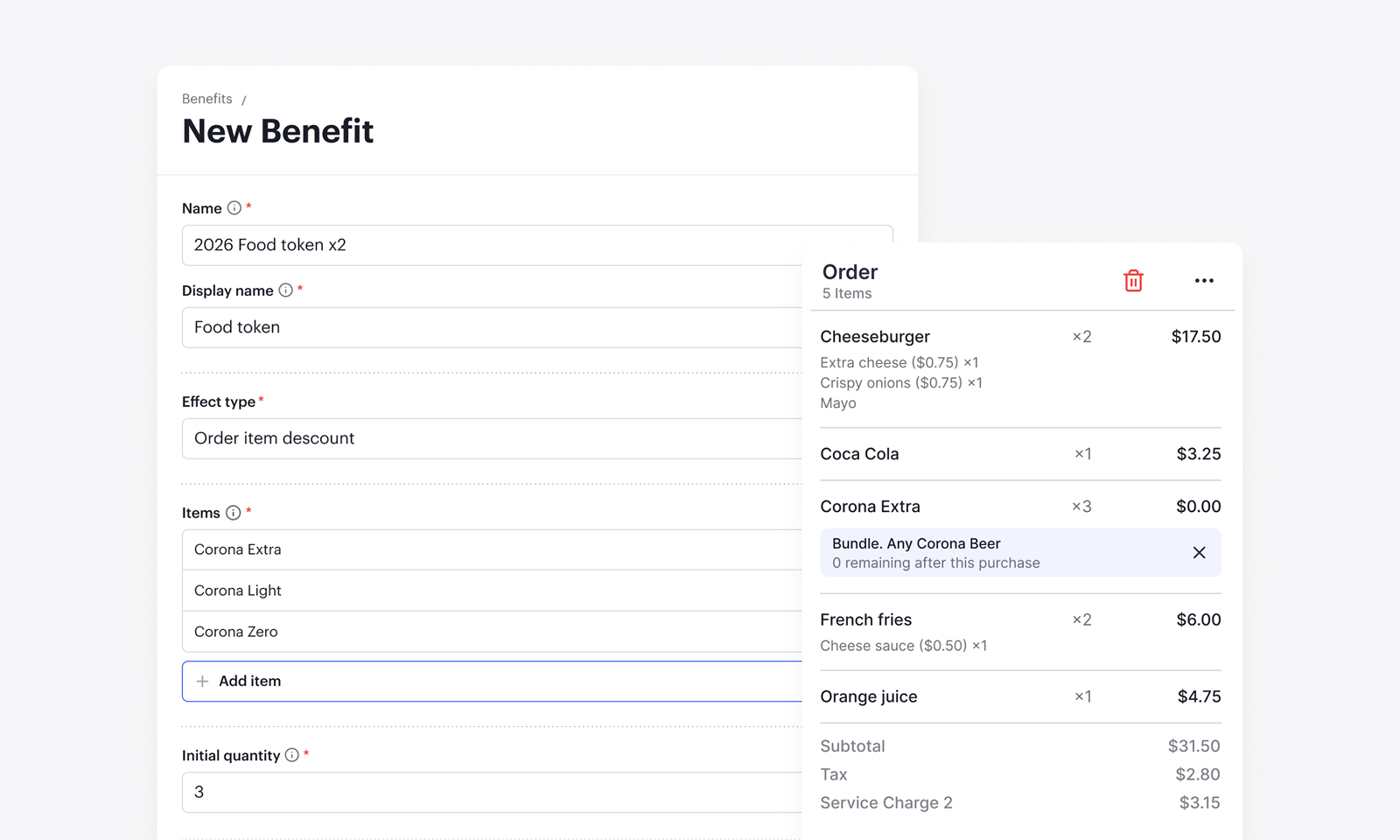 Billfold Benefits setup with eligible items, quantities, and automatic order redemption