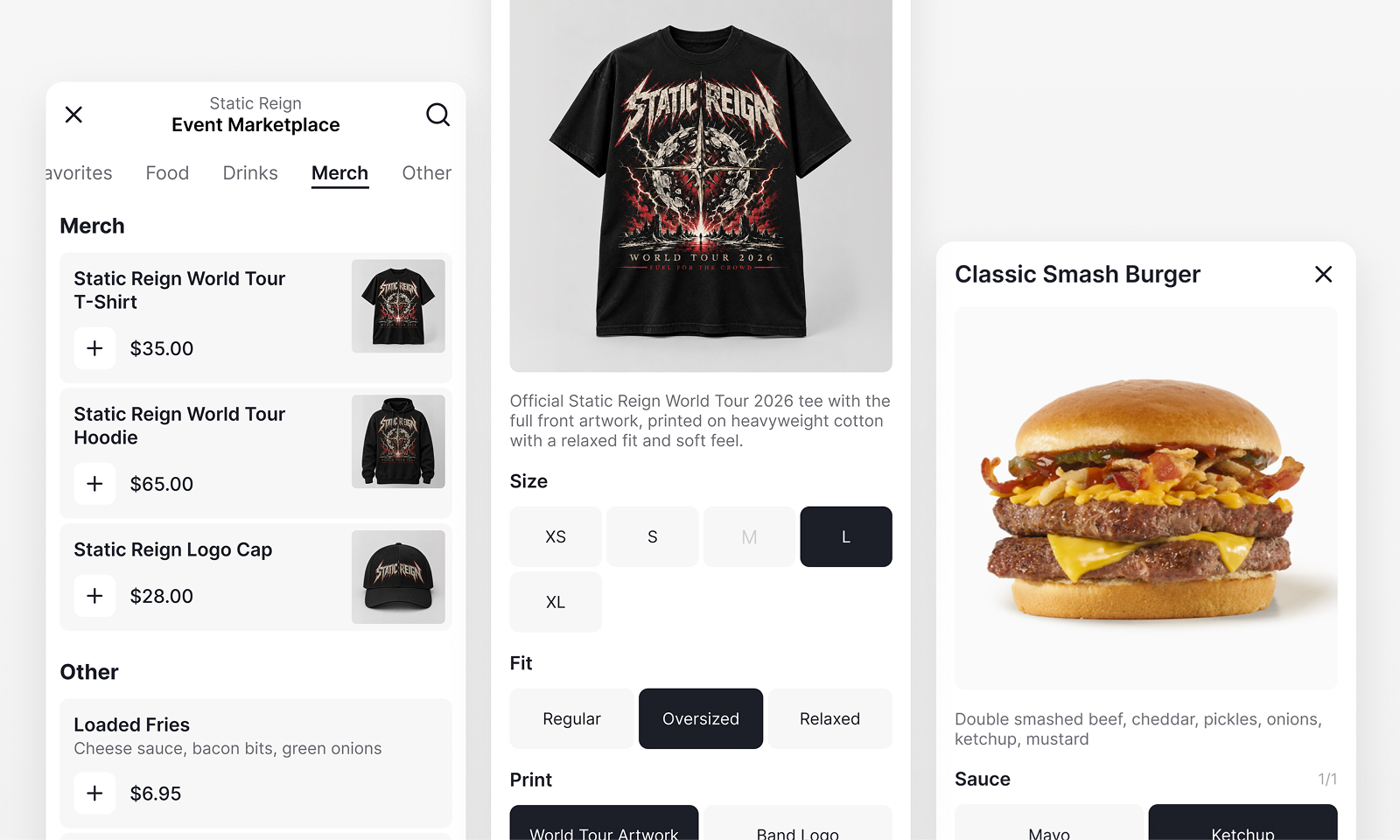 Billfold Remote Ordering marketplace with Static Reign merch and food items