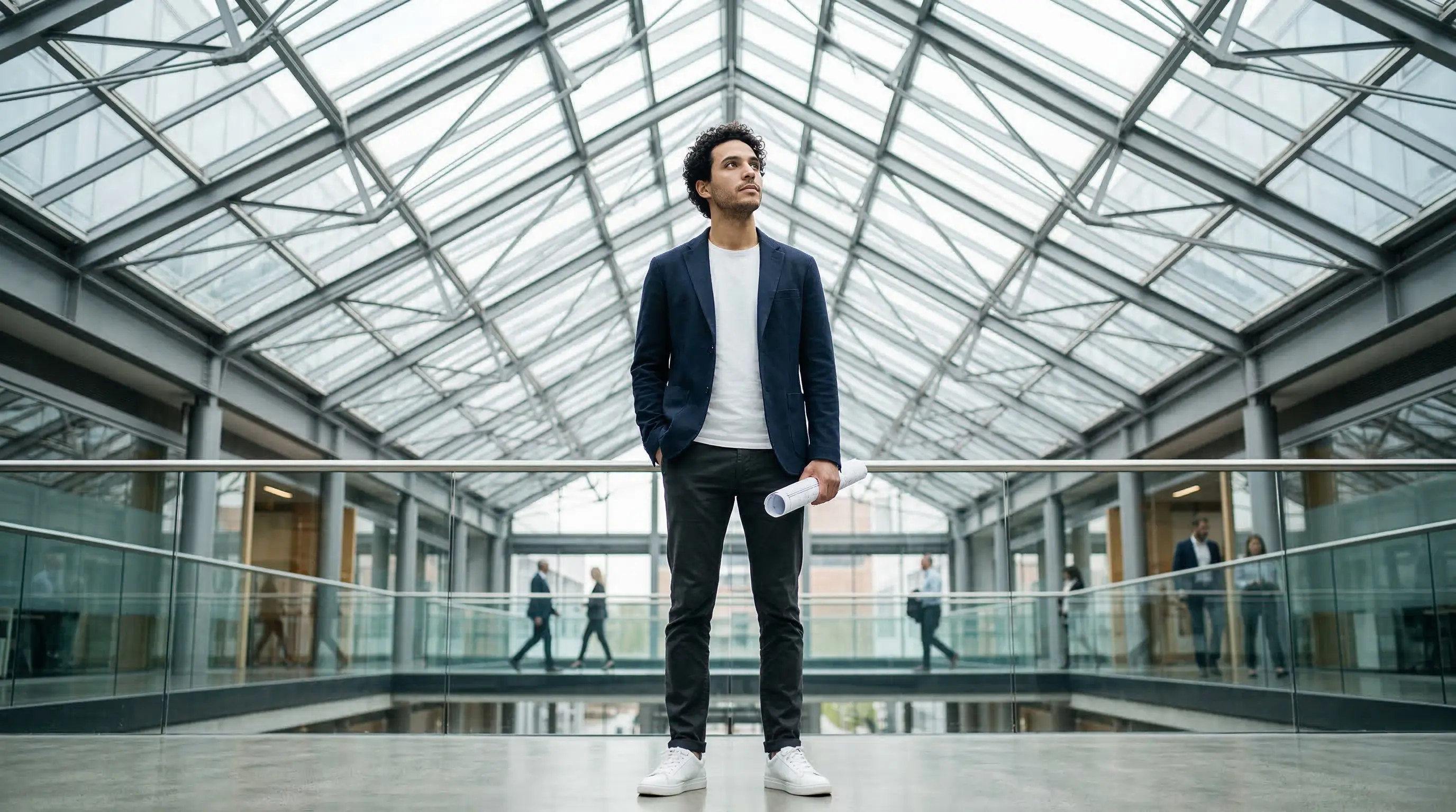Jeune professionnel reflechissant a son choix de contrat dans le hall d'un immeuble de bureaux