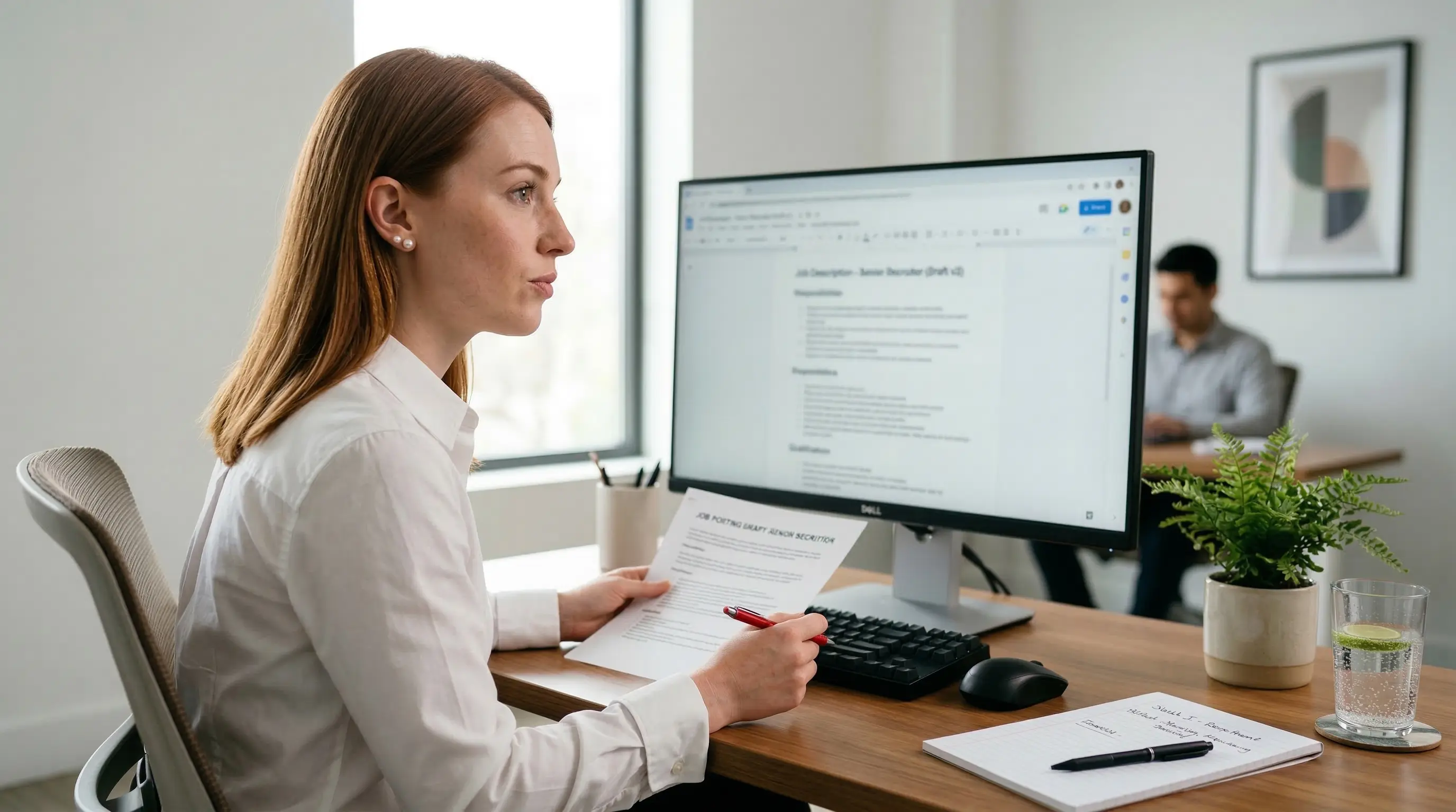 Recruteuse relisant et optimisant une offre d'emploi sur son ecran de bureau