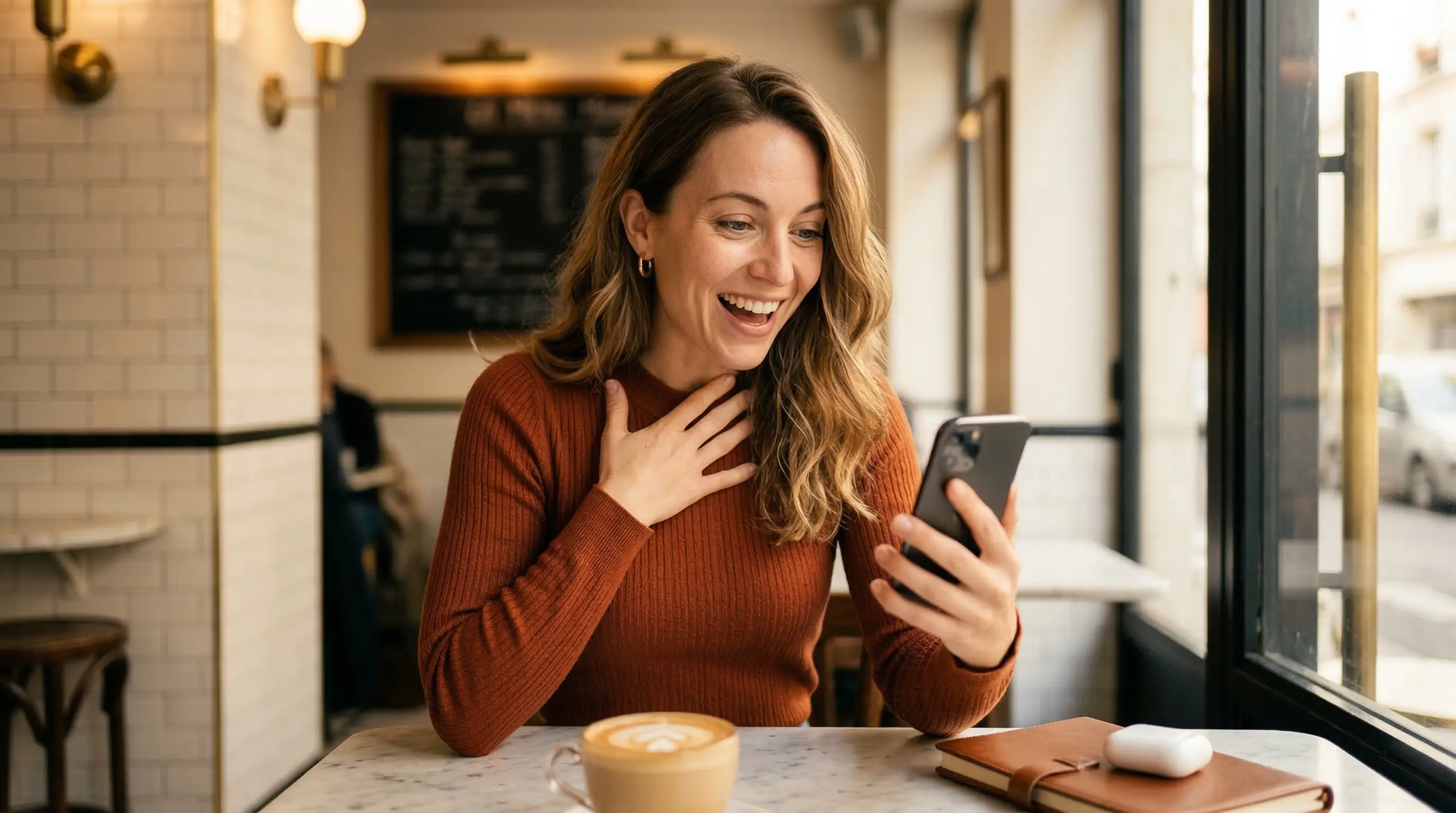 Candidate recevant une offre d'emploi sur son telephone, expression de joie spontanee dans un cafe