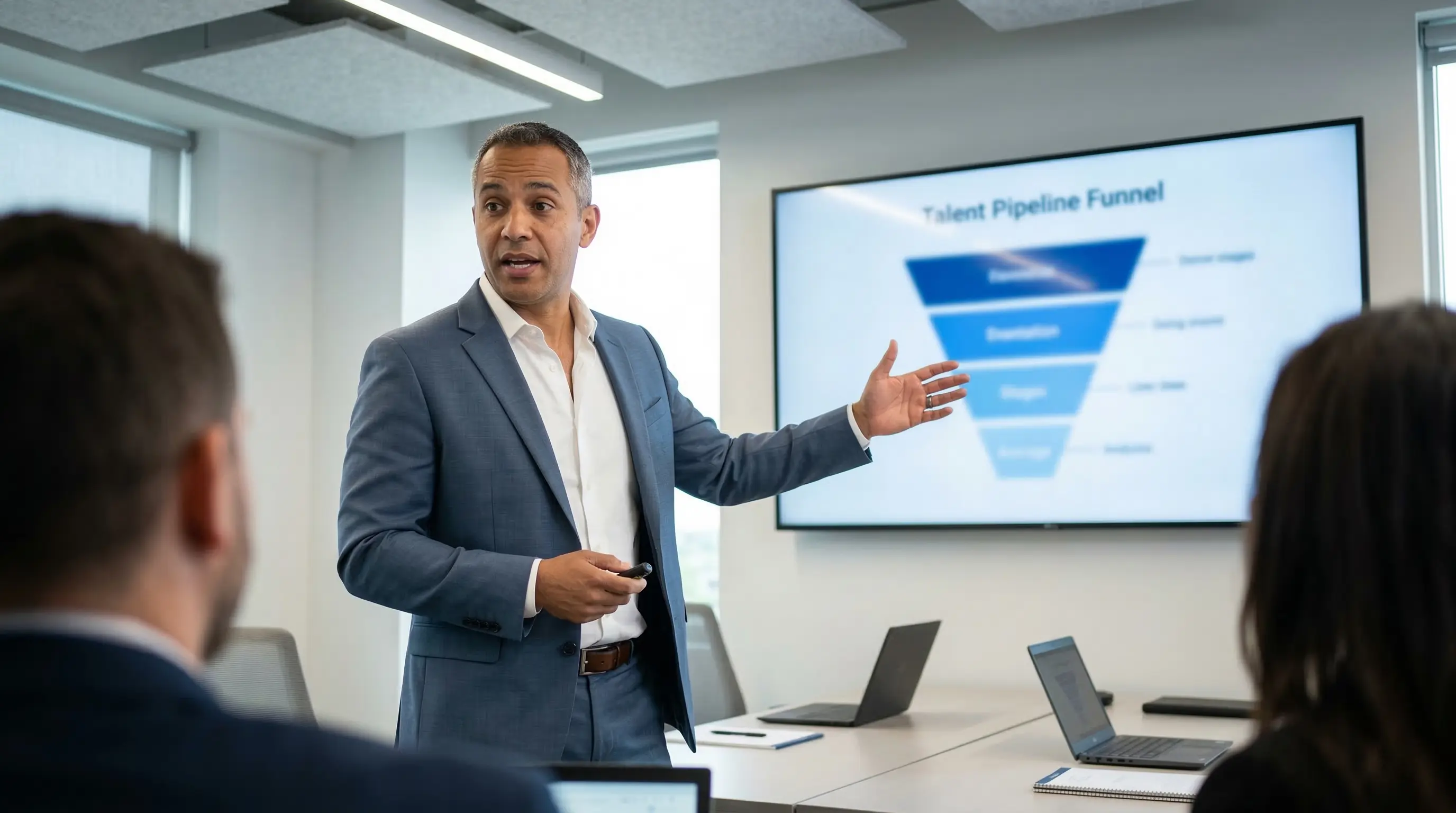 Responsable Talent Acquisition presentant sa strategie de recrutement devant un ecran de reunion