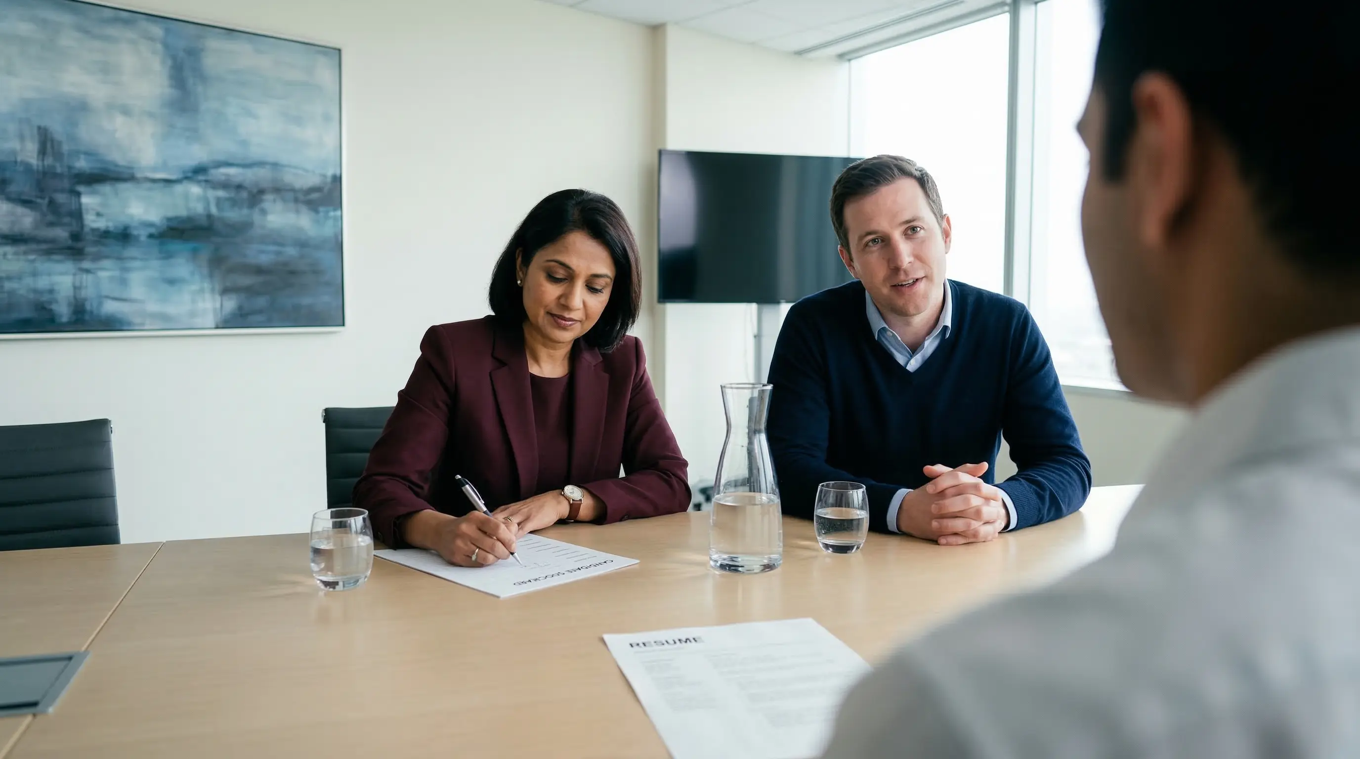 Jury d'entretien d'embauche evaluant un candidat avec une grille de selection structuree