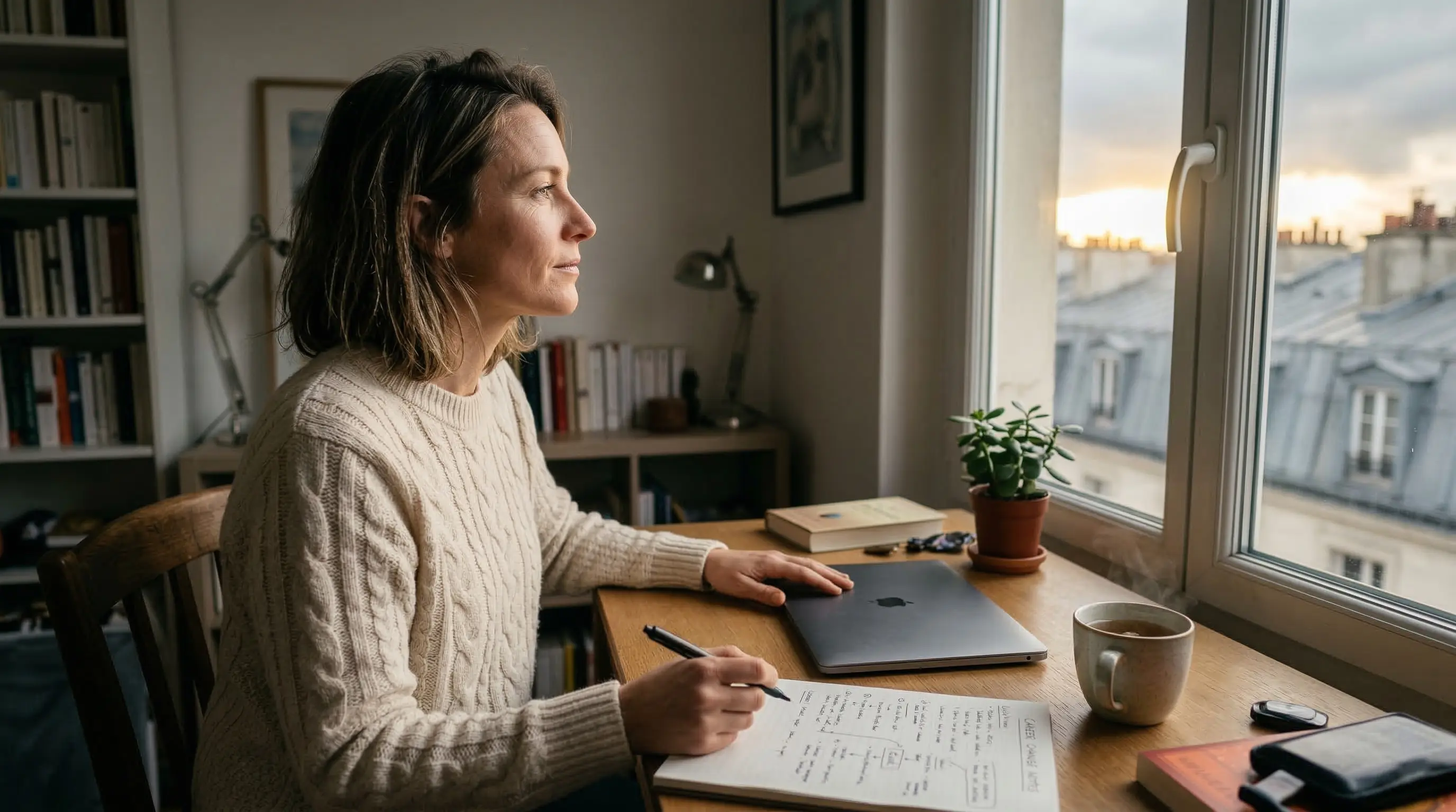 Femme en reflexion devant sa fenetre, contemplant un changement de carriere depuis son bureau personnel