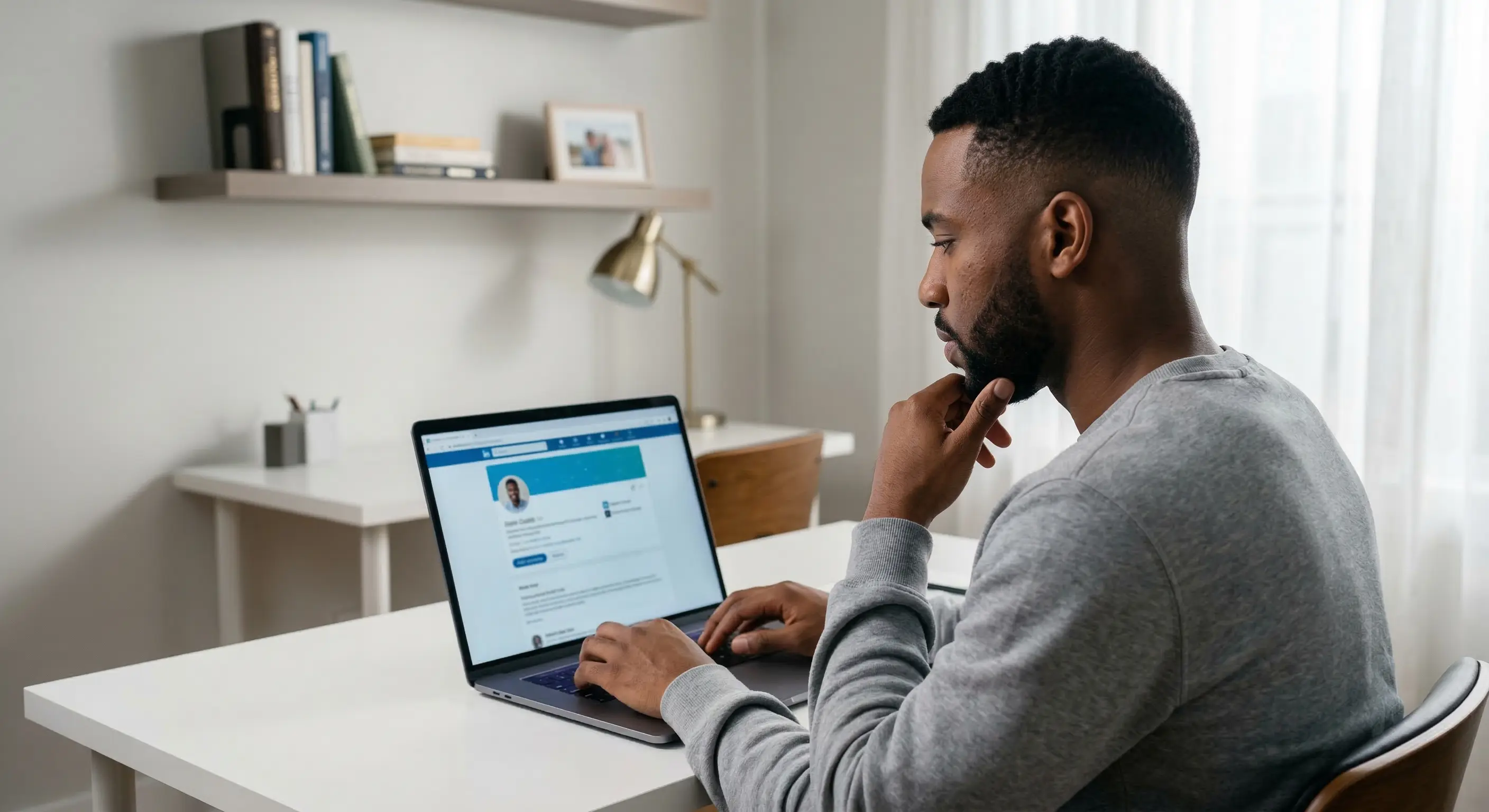 Professionnel optimisant son profil LinkedIn sur un ordinateur portable dans un bureau a domicile