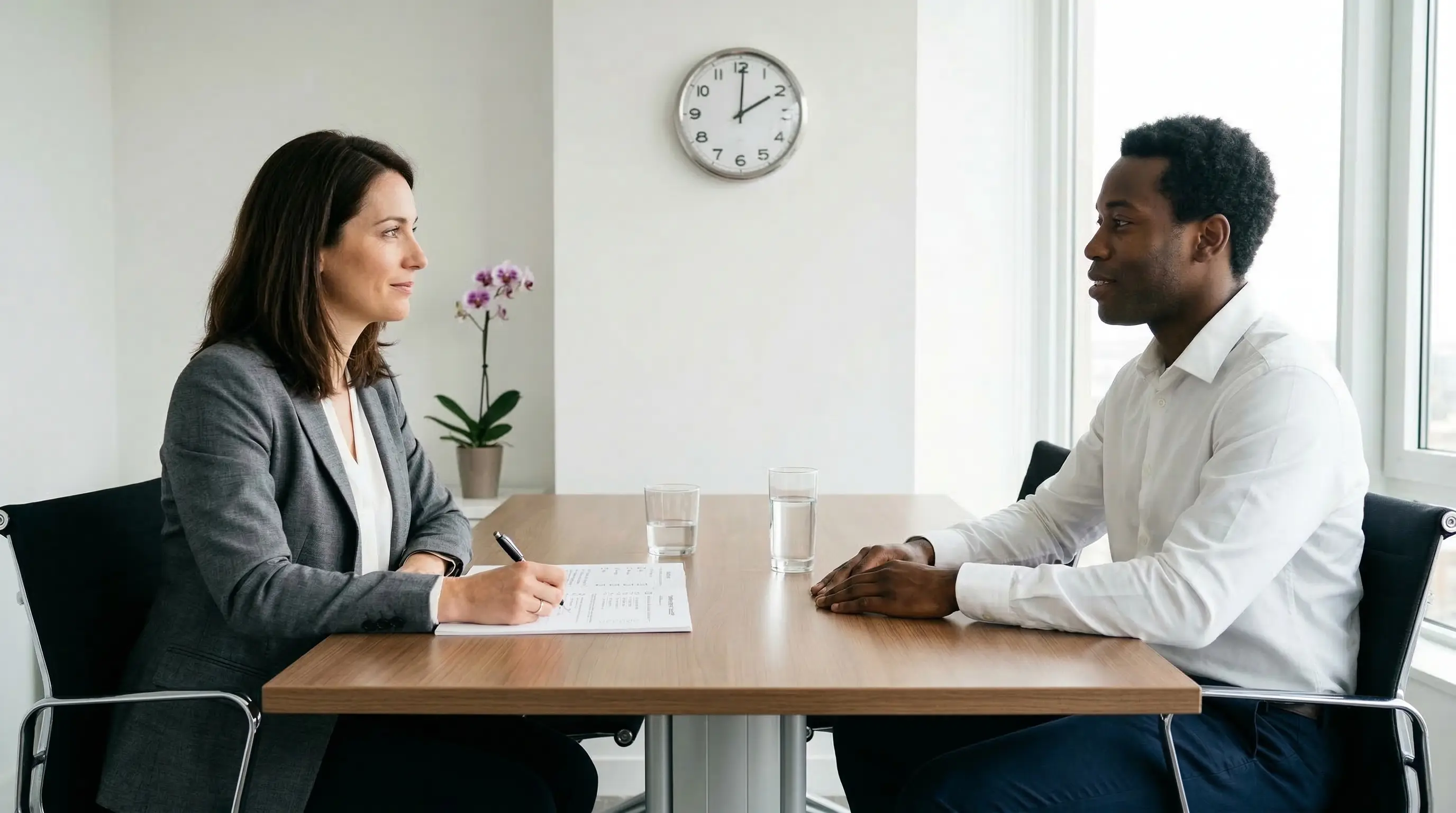 Entretien d'embauche structure : la recruteuse utilise une grille d'evaluation face au candidat