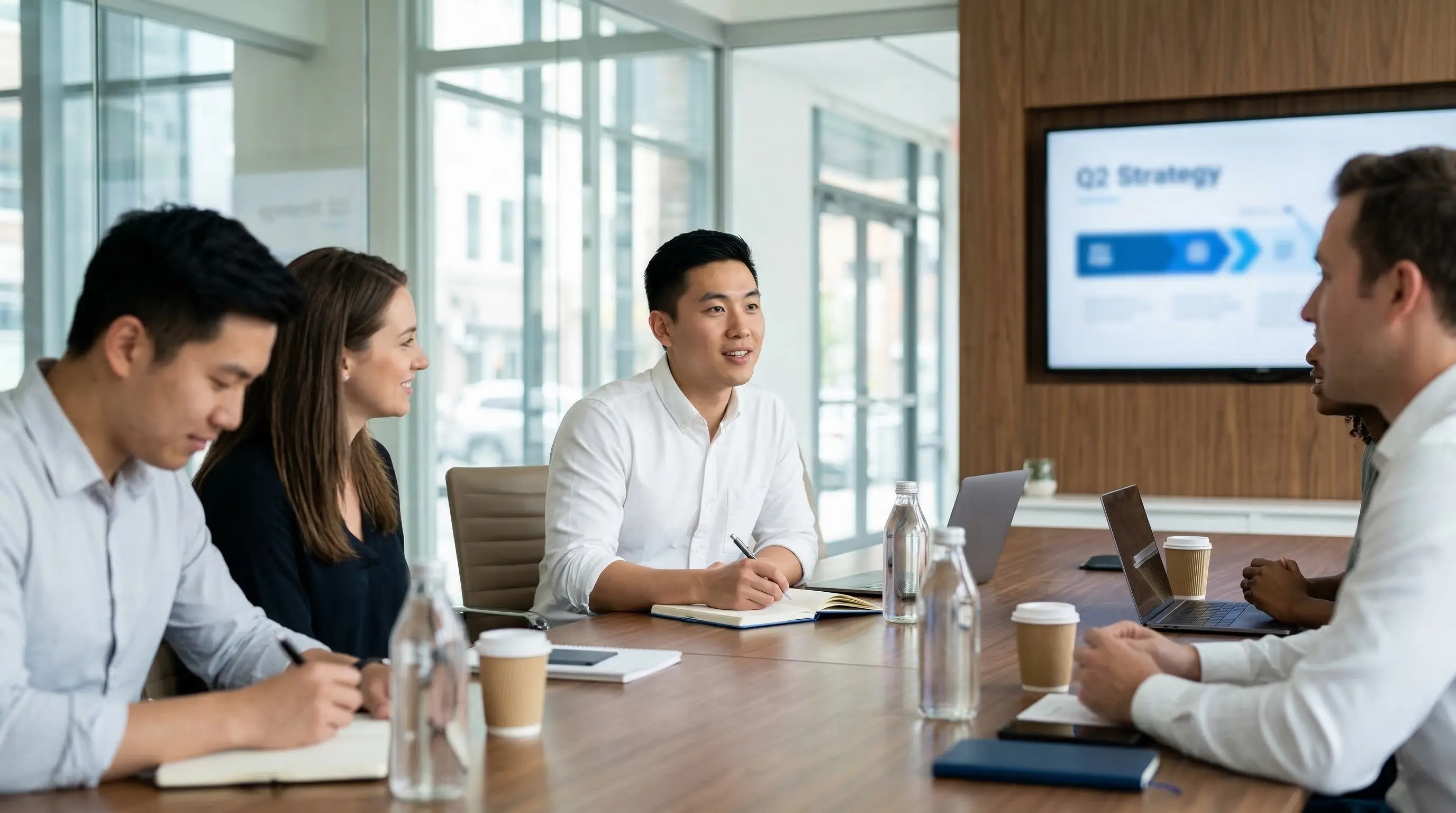 Nouveau collaborateur prenant des notes lors de sa premiere reunion d'equipe