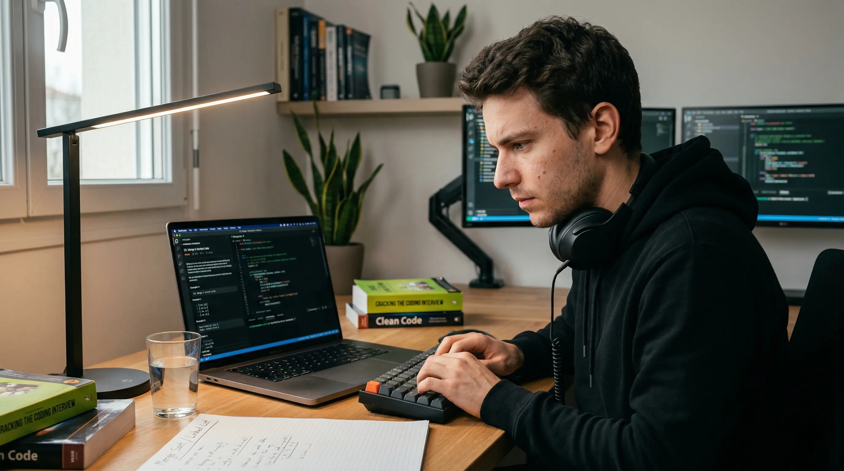Développeur en train de résoudre un exercice de code sur un tableau blanc lors d'un entretien technique, avec un interviewer attentif en face de lui