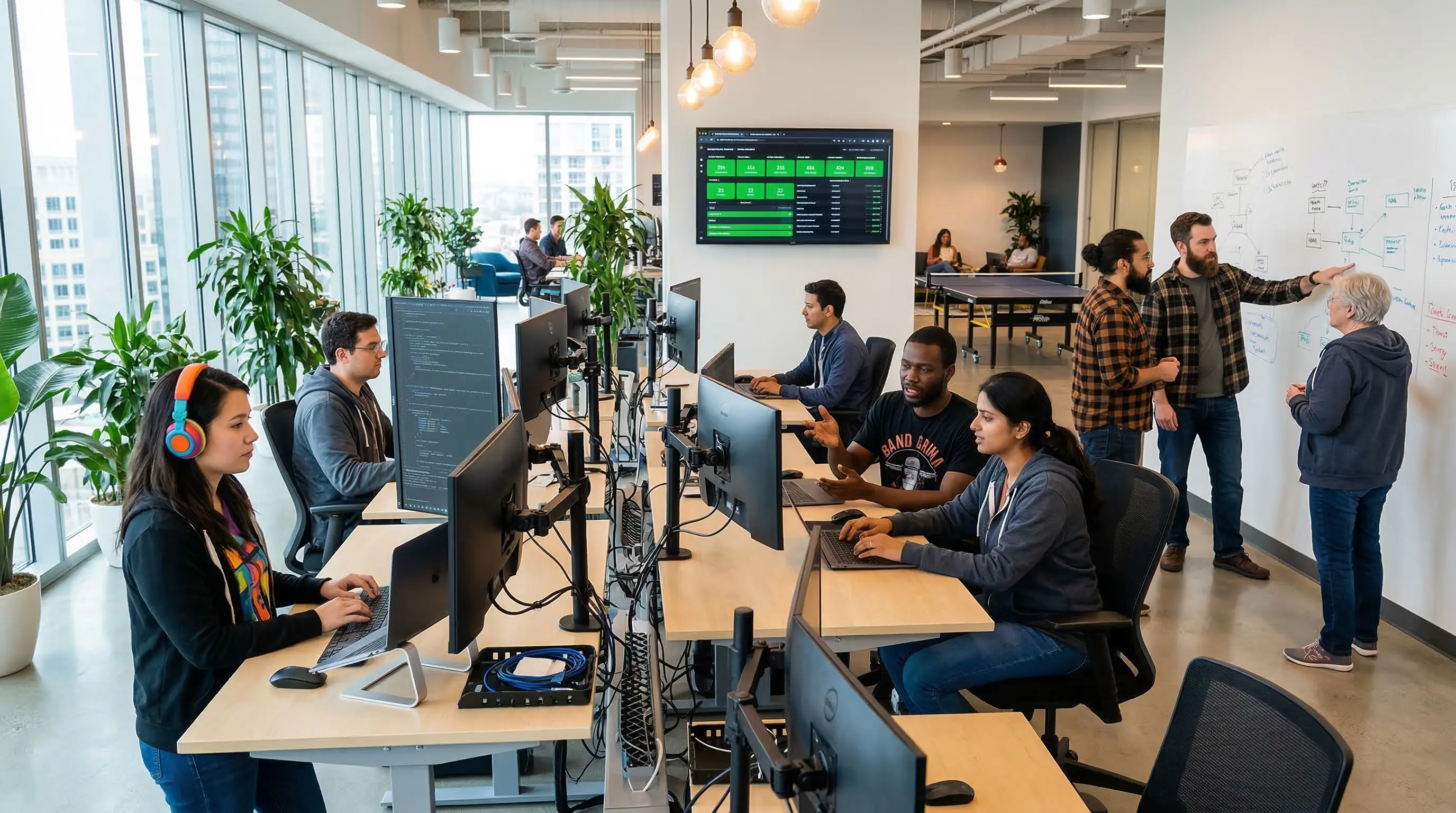 Open space d'une entreprise tech avec developpeurs et ingenieurs en activite sur leurs postes