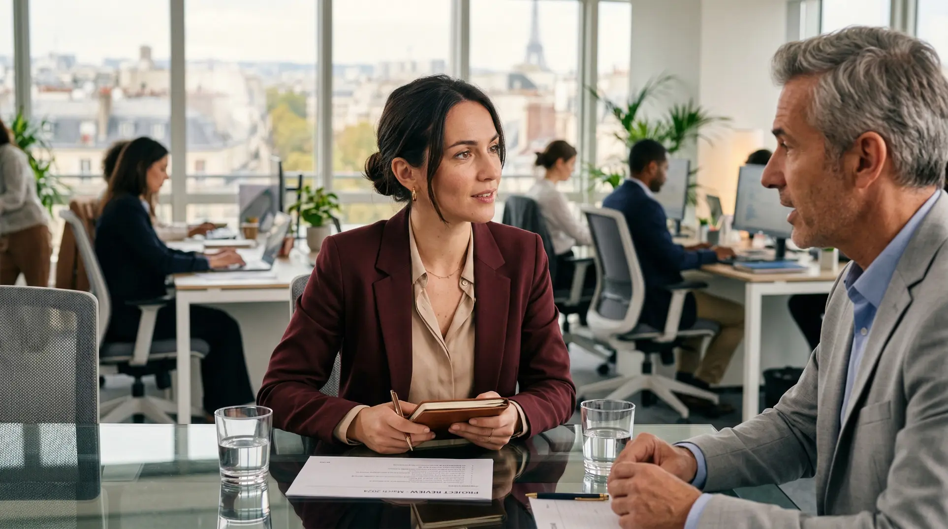 Jeune cadre en premiere semaine de travail, ecoutant attentivement son manager lors d'un entretien individuel dans un bureau moderne