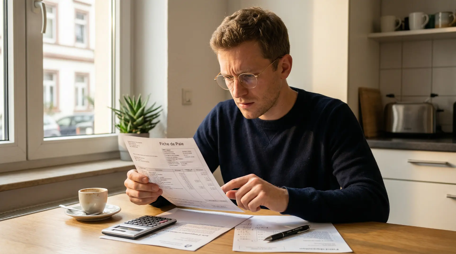 Salarié analysant sa fiche de paie avec attention sur son bureau, avec des documents et une calculatrice