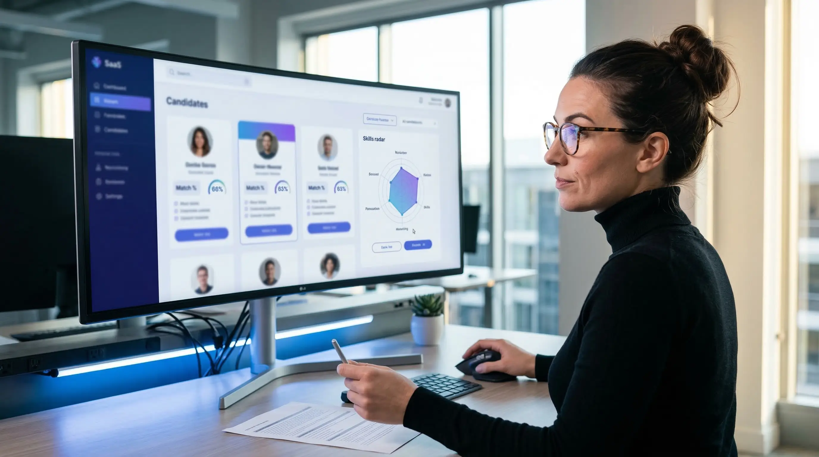 Specialiste RH utilisant un outil de recrutement IA sur un grand ecran incurve