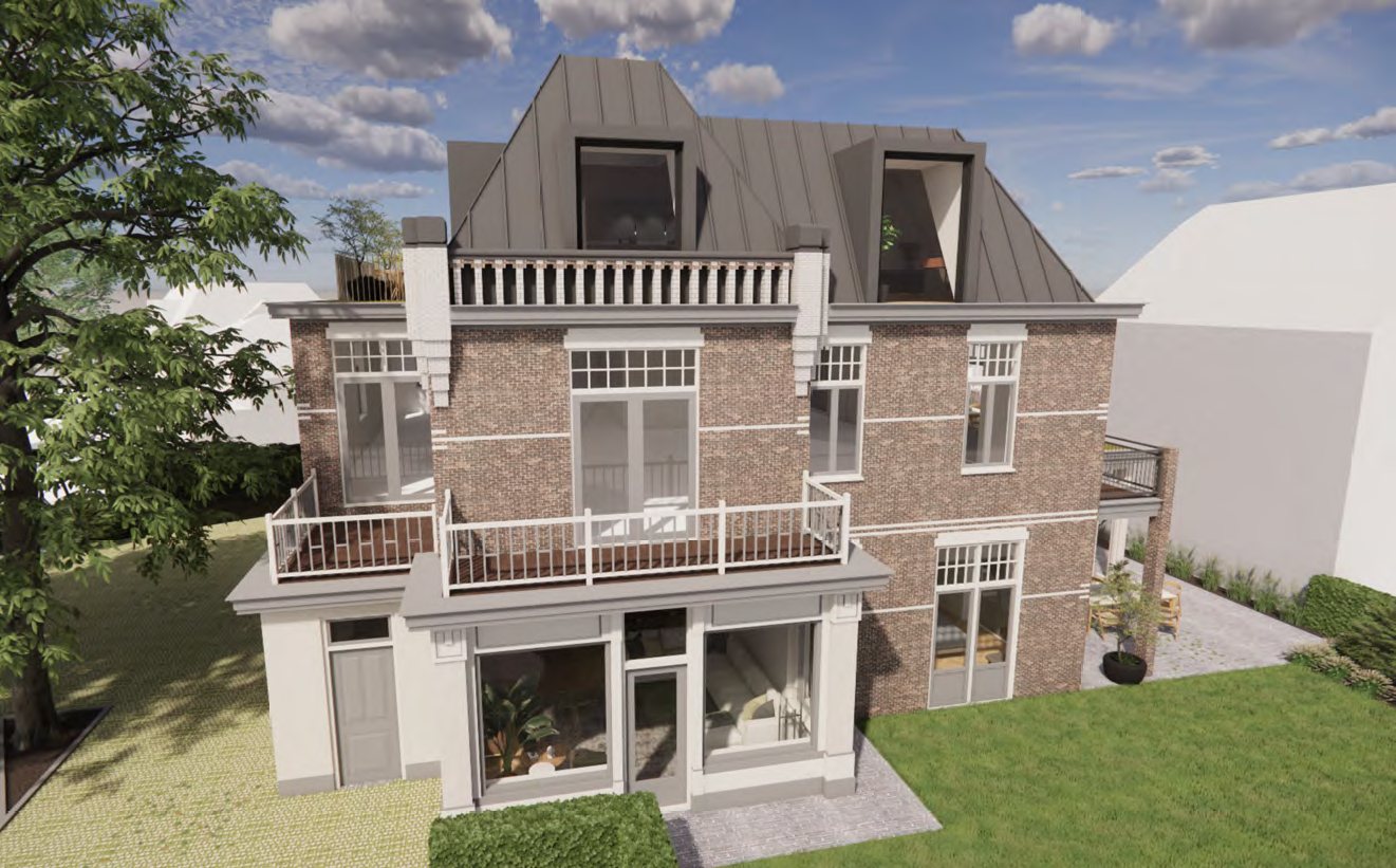 Render van Beukenlaan 1 in Oosterbeek, achterzijde met dakopbouw en balkons
