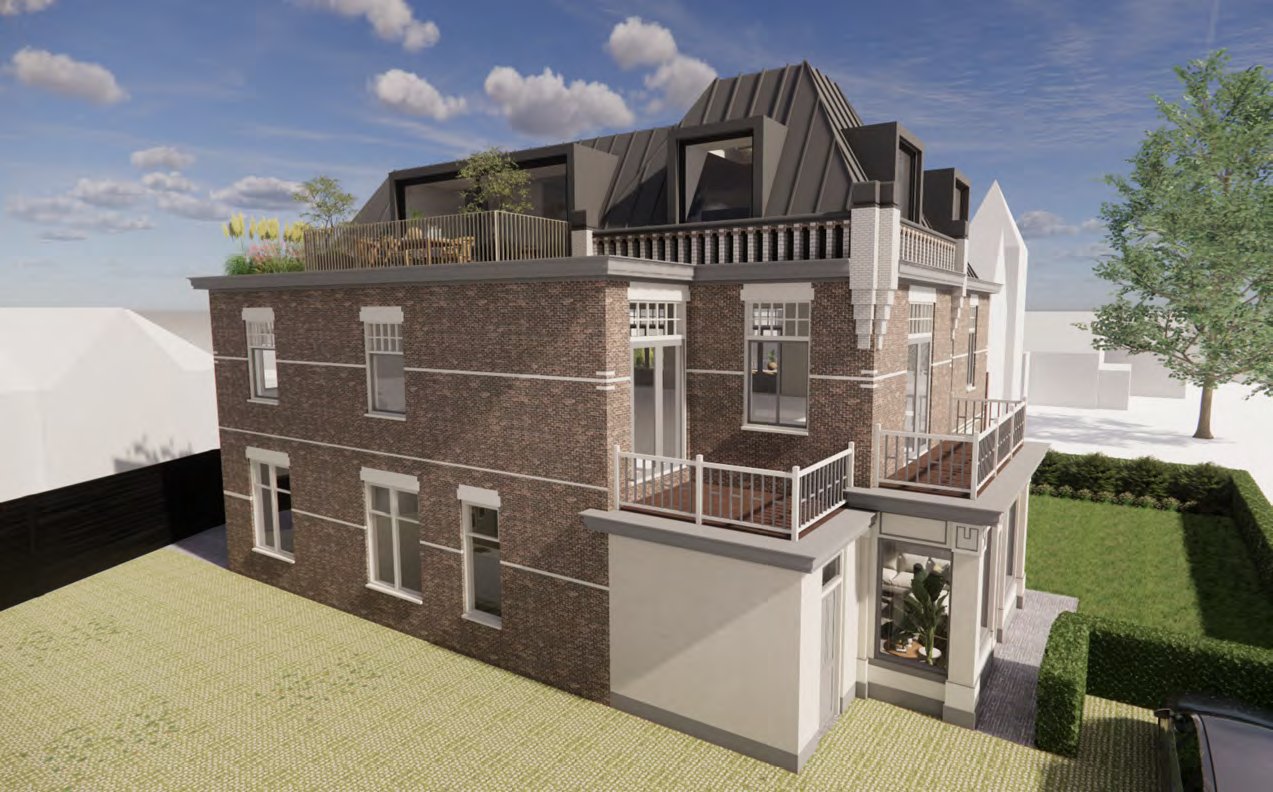 Render Beukenlaan 1 Oosterbeek, tuinzijde met balkons en dakopbouw