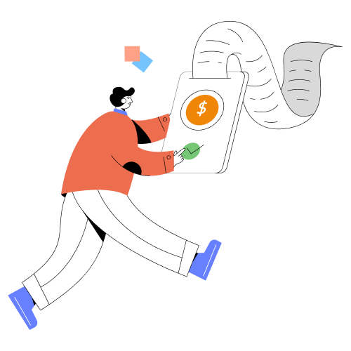 Illustration of a person holding a large smartphone displaying a dollar symbol and a checkmark, with a long receipt emerging from the phone.