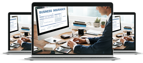 Man in business attire using a desktop computer displaying a business insurance form at a desk with office supplies.