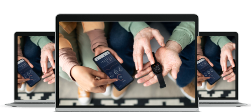 Two people holding a smartphone showing health data and a smartwatch with a health monitoring app.
