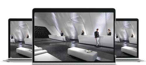 Modern hotel lobby with sleek white reception desks and seating, featuring a spacious, stylish interior with people standing and walking.