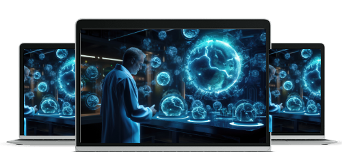 Scientist in a lab coat examining glowing blue holographic globes displayed on a table in a dark futuristic lab.