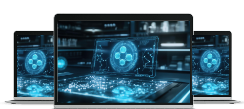 Three laptops displaying futuristic blue digital graphics of molecular structures and data arrays in a lab-like setting.