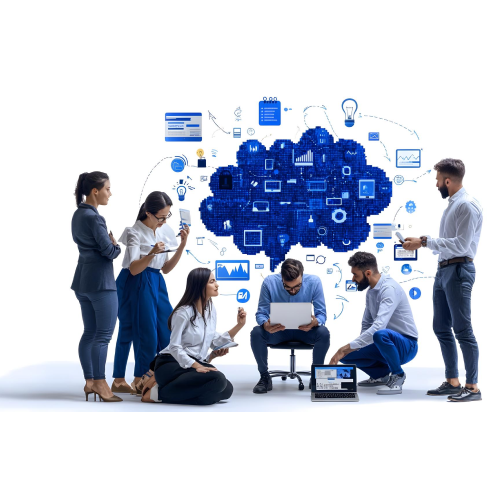 Group of six diverse professionals collaborating around digital devices with a large blue cloud of technology and data icons floating above them.