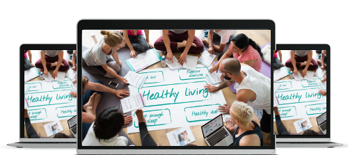 Group of diverse people sitting around a whiteboard labeled 'Healthy Living,' discussing topics like exercise, sleep, and diet.