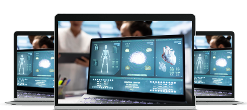 Laptop screen showing a medical monitoring interface with a brain scan, skeletal system, heart images, and various health data metrics.