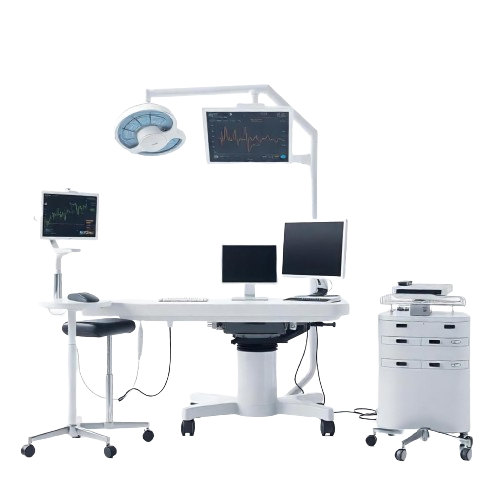 Modern medical workstation with multiple screens, adjustable table, stool, and connected medical equipment on wheels.