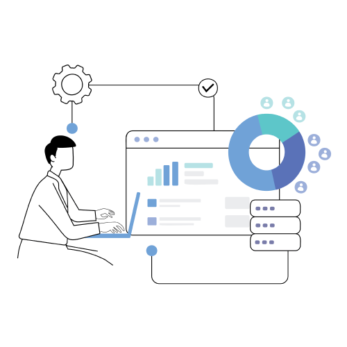 Illustration of a person working on a laptop connected to data analytics dashboard with charts, pie graph, and database icons.