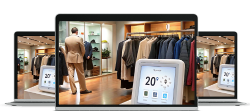 Smart thermostat displaying 20°C in a clothing store with racks of jackets and two men in conversation in the background.