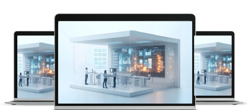 Three laptops showing a 3D model of people interacting with a futuristic financial data dashboard inside a modern, transparent room.