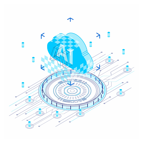 3D illustration of a cloud with AI letters above a circular digital interface connected to a network grid.
