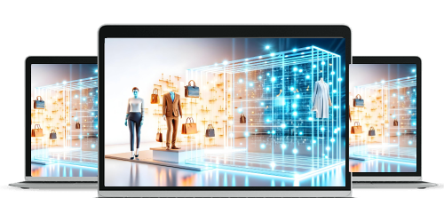 Three laptops displaying a digital retail scene with mannequins and virtual blue grid lines representing AI technology.